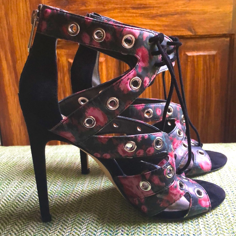Sam Edelman floral pink & black suede heels
